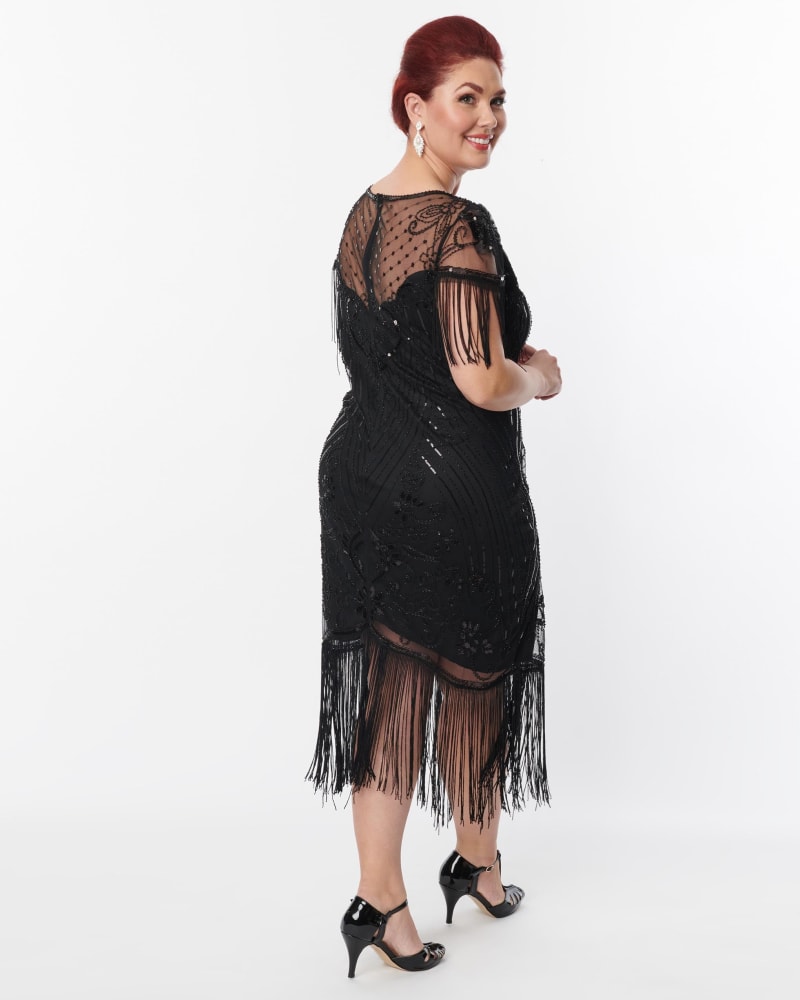 Unique Vintage 1920s Black Beaded Fringe Sleeve Nadine Flapper Dress